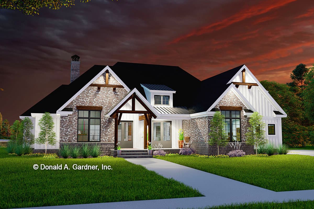 Modern Farmhouse house plan exterior with stone and board-and-batten siding, prominent gables, and covered entry.