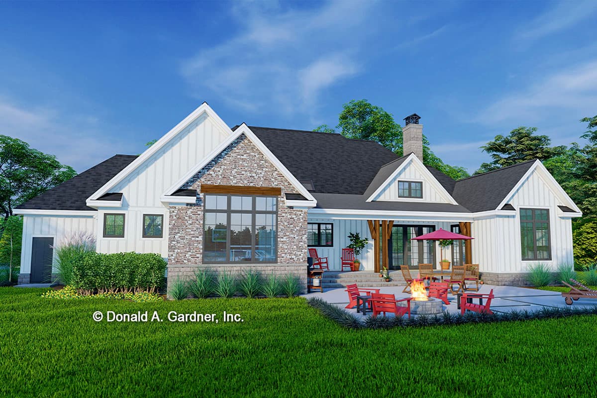 House plan exterior: Modern Farmhouse style, one story, with board and batten siding, stone accents, gabled dormers, and covered rear porch.