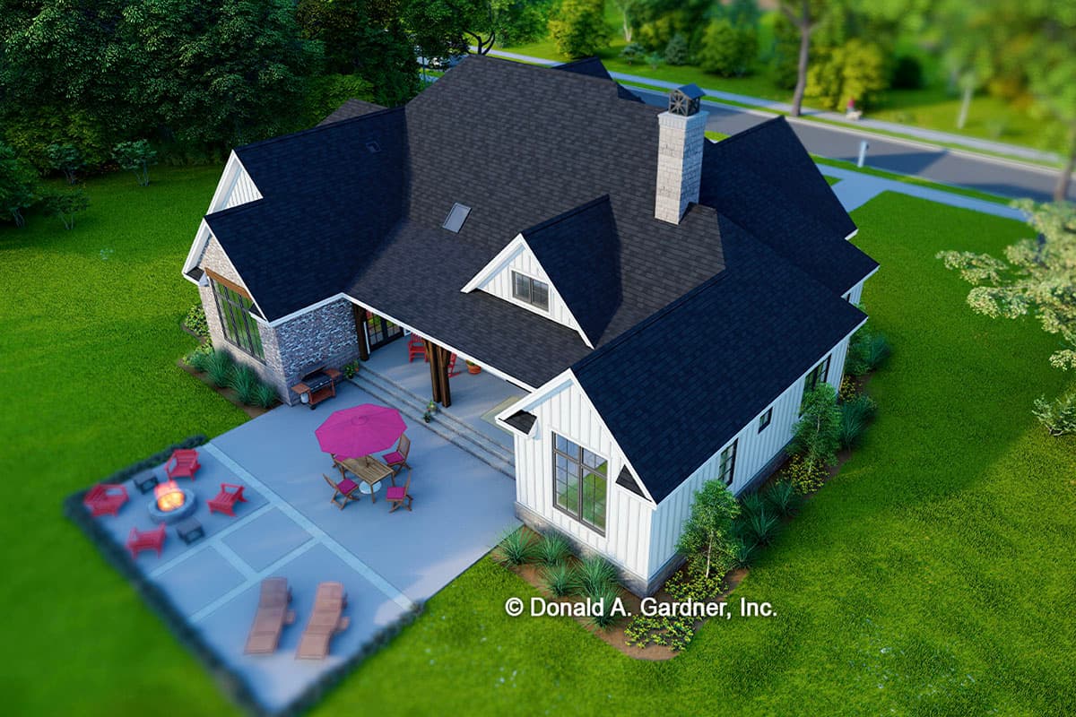 House plan exterior: Two-story Modern Farmhouse with stone accents, gabled dormers, large front-facing gable, and covered rear porch.