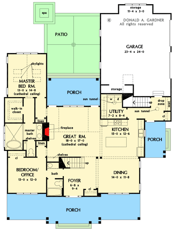 Plan 444374GDN: Rustic Farmhouse Under 2500 Square Feet with Gambrel Roof and 2-Car Garage - Floor Plan - Main Level - Country, Farmhouse, Traditional