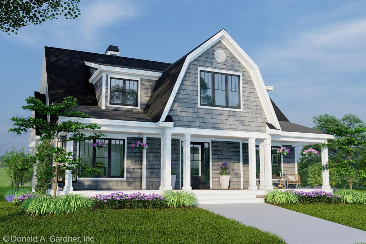 House plan exterior: Two-story Modern Farmhouse with wide front porch, gable dormers, and shingle siding.