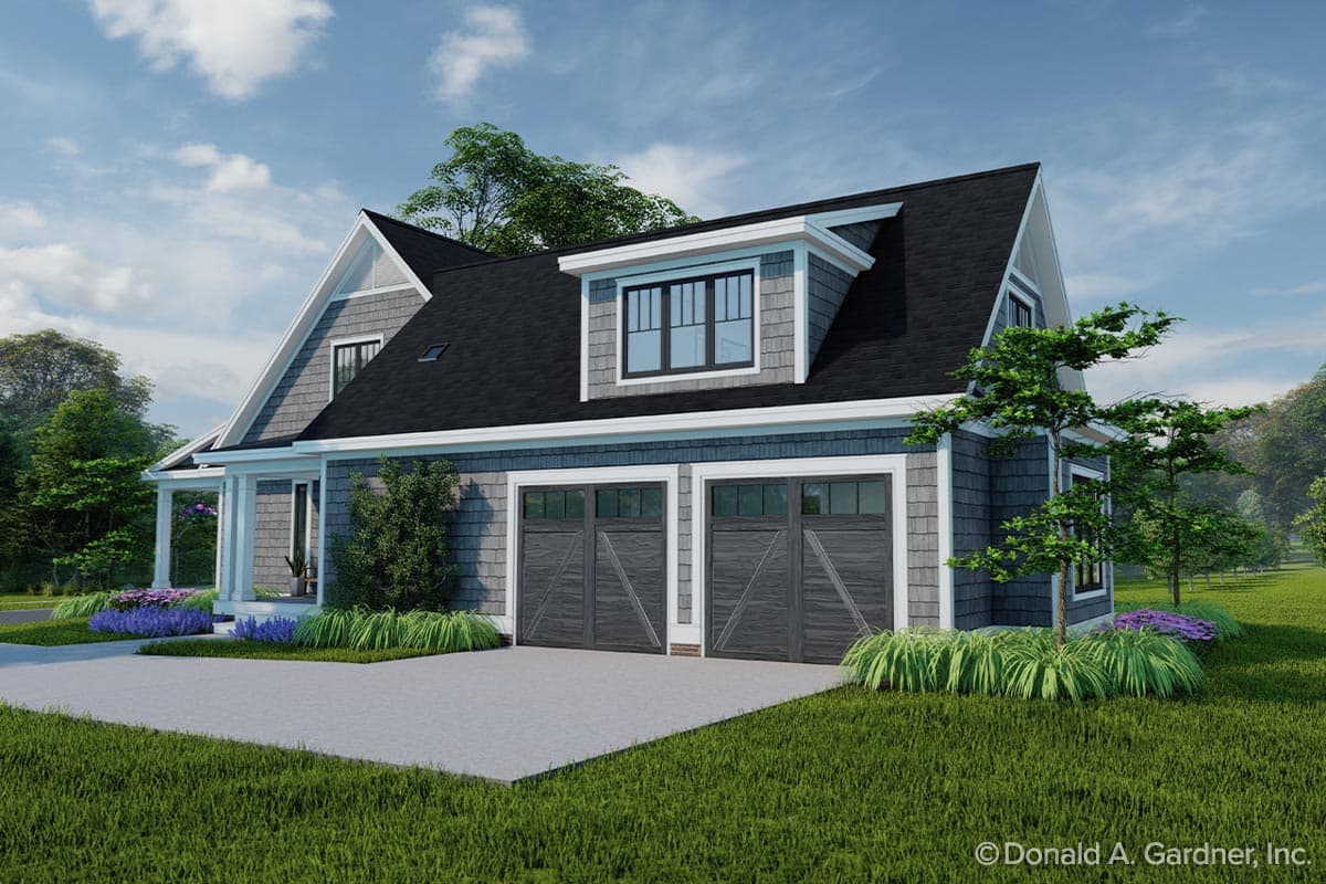 House plan exterior showing a two-story Modern Farmhouse with a two-car garage, dormer, and covered porch.