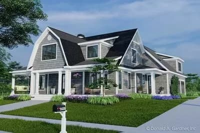 Rustic Farmhouse Under 2500 Square Feet with Gambrel Roof and 2-Car Garage