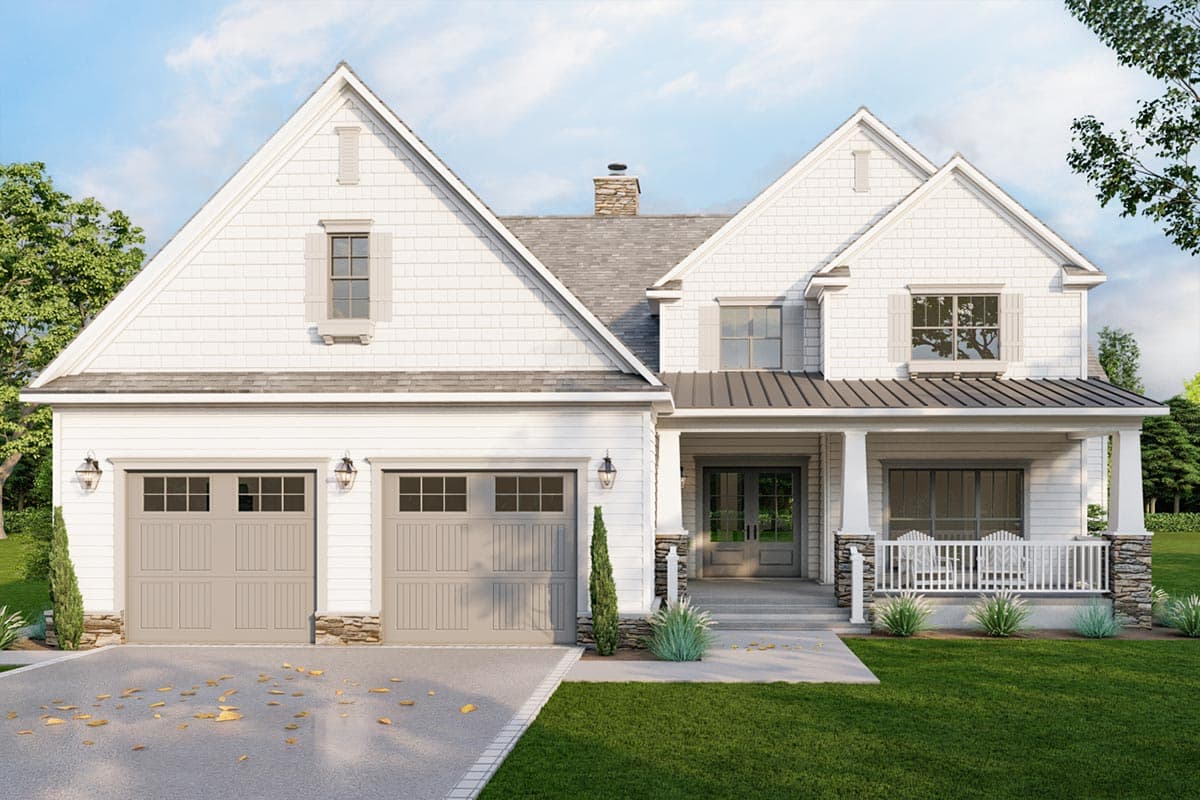 House plan exterior. Two-story Modern Farmhouse with gabled roof, front porch, and two-car garage. Stone accents and multiple dormers.