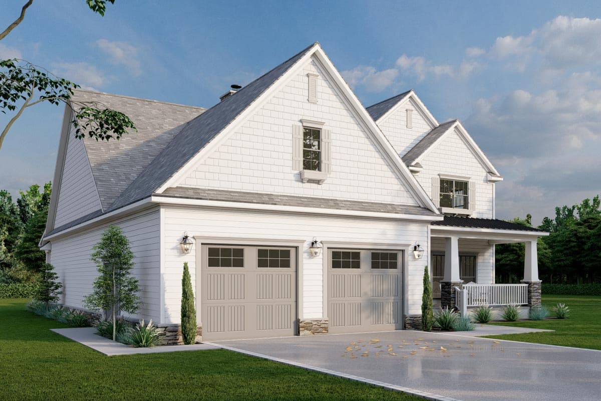 House plan exterior: Modern Farmhouse style with two-car garage, gable dormers, and covered front porch with stone accents.