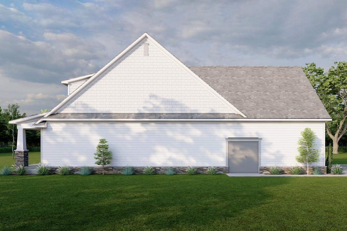 House plan exterior: Two-story Modern Farmhouse with shingle gable, dormer, and covered porch with stone base.