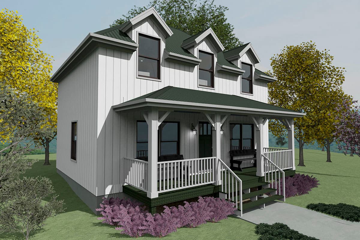 House plan exterior. Two-story farmhouse with a front porch, three gabled dormers, and a metal roof. Vertical siding and a green front door.