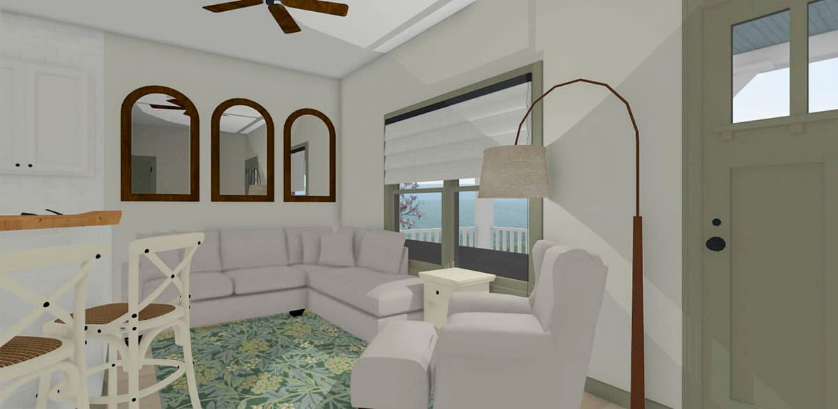 Interior rendering of a living room with a sectional sofa, armchair, and a patterned rug.