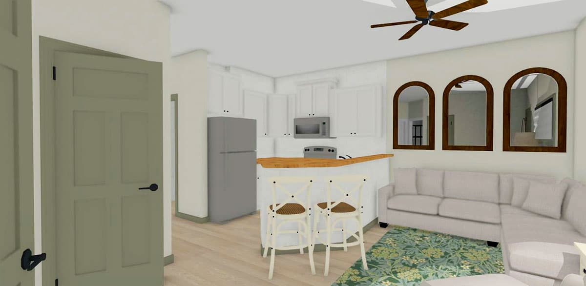 Interior rendering of a living area with a sectional sofa, kitchen with white cabinets, island with bar stools, and a ceiling fan.