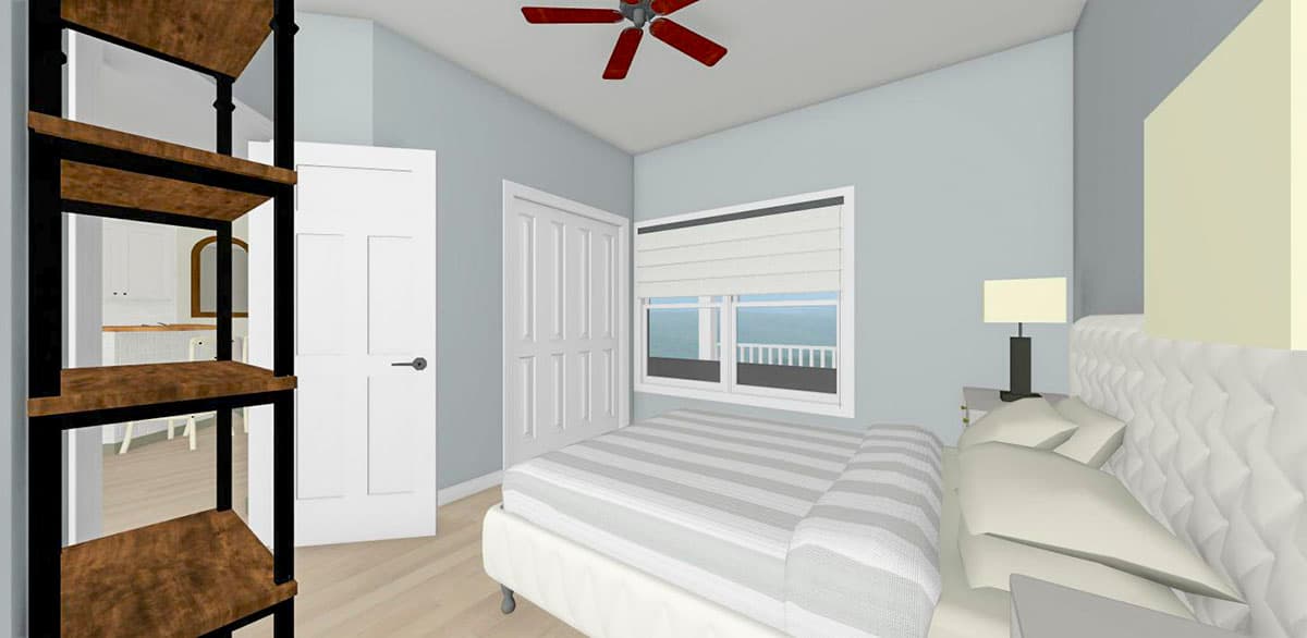 Bedroom rendering with bed, ceiling fan, two doors, and window overlooking a balcony.
