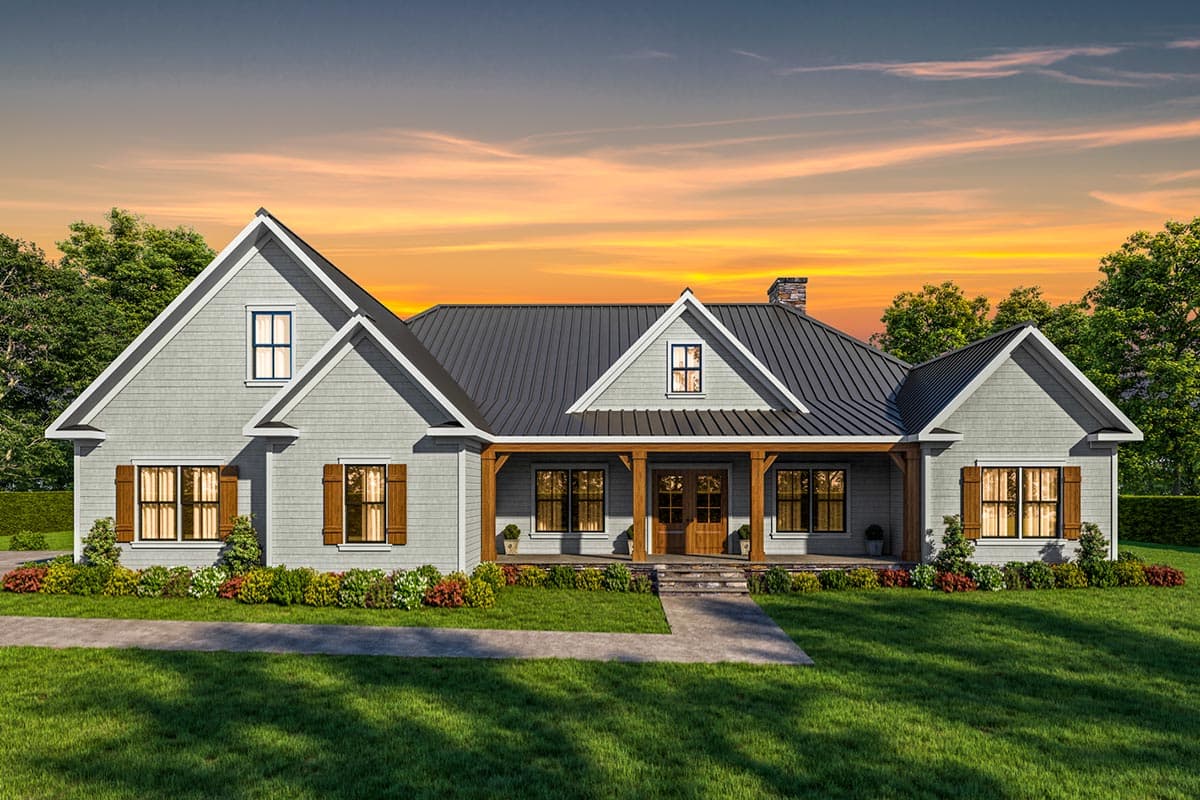 Modern Farmhouse house plan exterior with large gabled roof, wraparound porch with timber supports, and stone chimney.