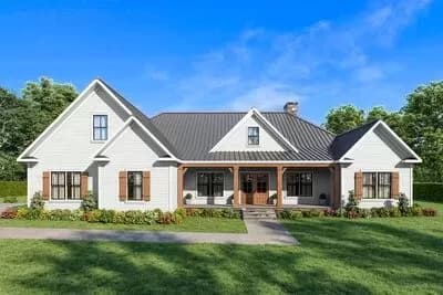 Modern Farmhouse Plan with Split-Bed Layout and Screened Porch