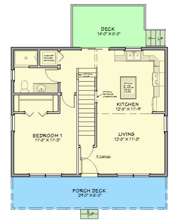 Plan 430831SNG: 1000 Square Foot 2-Bed Farmhouse Cottage with 6'-Deep Front Porch - Floor Plan - Main Level - Cottage, Country, Farmhouse, Modern Farmhouse, New American