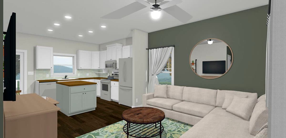 Interior rendering of a kitchen and living area with white cabinets, a kitchen island, sectional sofa, and ceiling fan.