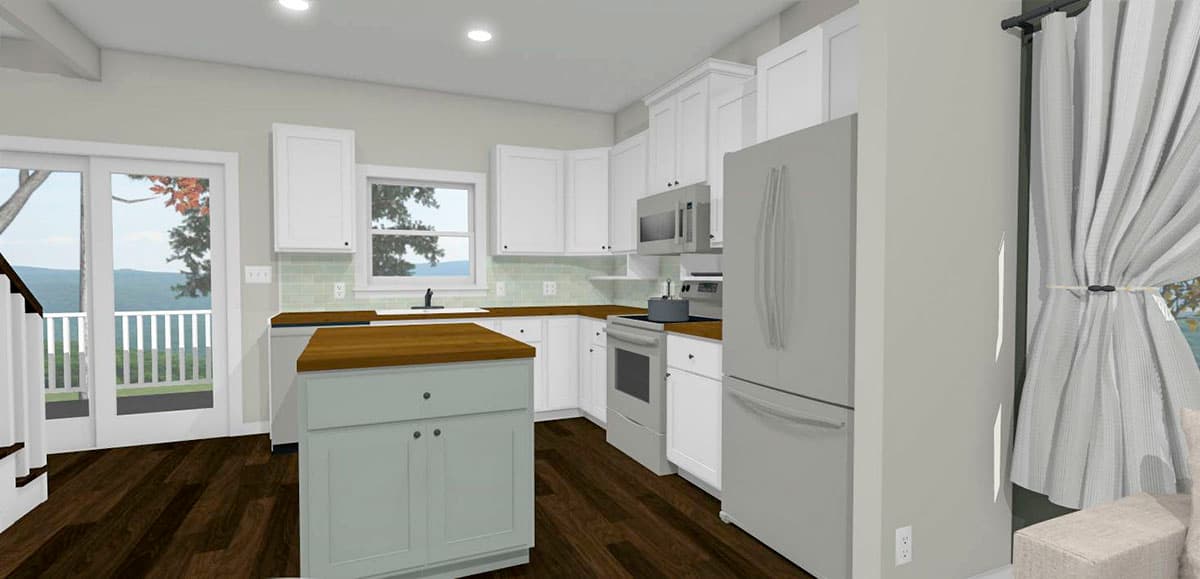 Interior rendering of a kitchen with white cabinets, wooden countertops, island, stainless steel appliances, and a sliding glass door.