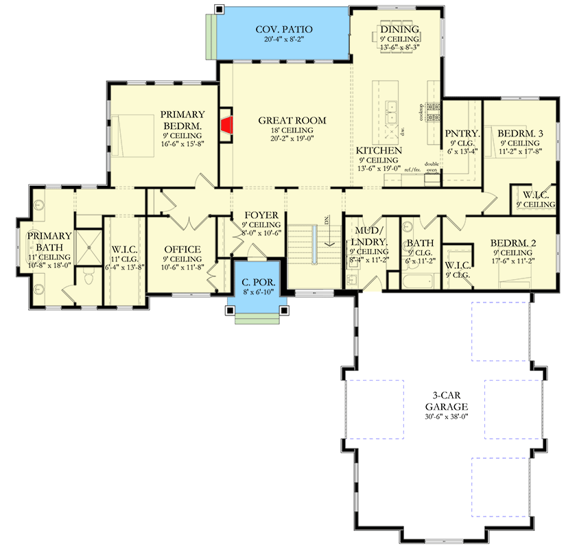Plan 490092NAH: Modern Prairie-Style House Plan Under 2200 Square Feet with Lower Level Expansion - Floor Plan - Main Level - Contemporary, European, Mediterranean, Prairie, Ranch, Transitional