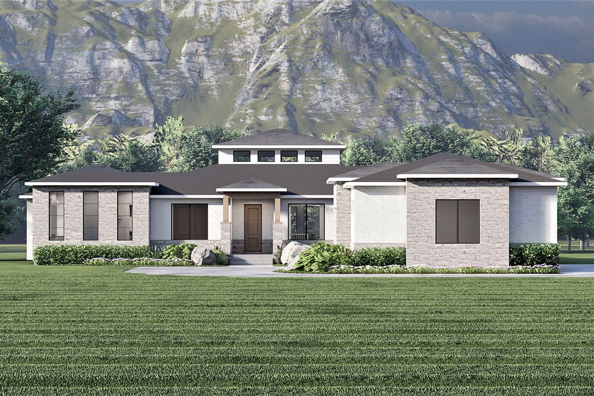 House plan exterior with stone veneer accents, flat roof, and a low-sloped roof over the entry. Features a rectangular design and three stories.