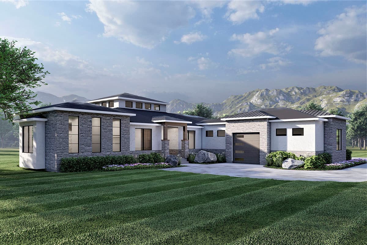 Modern house plan exterior with stone accents, pitched rooflines, large windows, and a two-car garage.