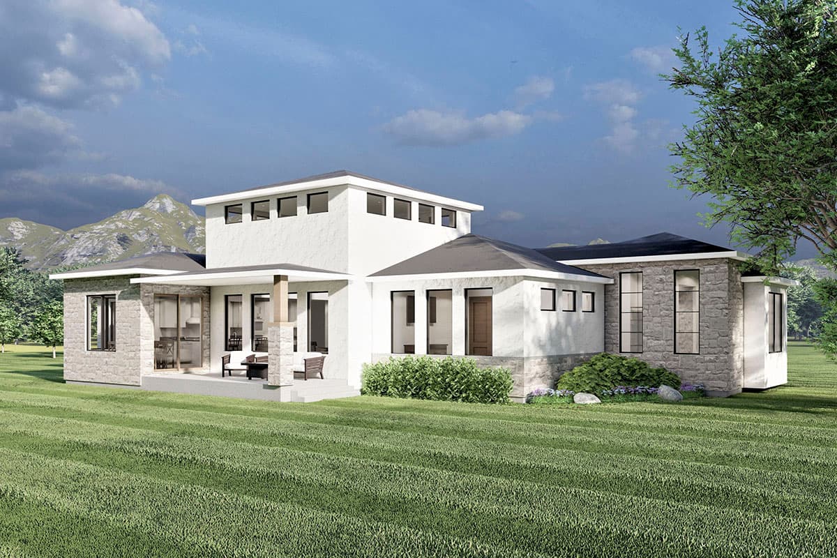 Modern house plan exterior with stucco and stone facade, flat rooflines, and multiple levels of clerestory windows.