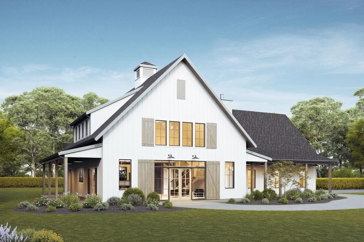 House plan exterior. Modern farmhouse style with a two-story design. Features include a gable roof, covered porch, and a large central dormer.