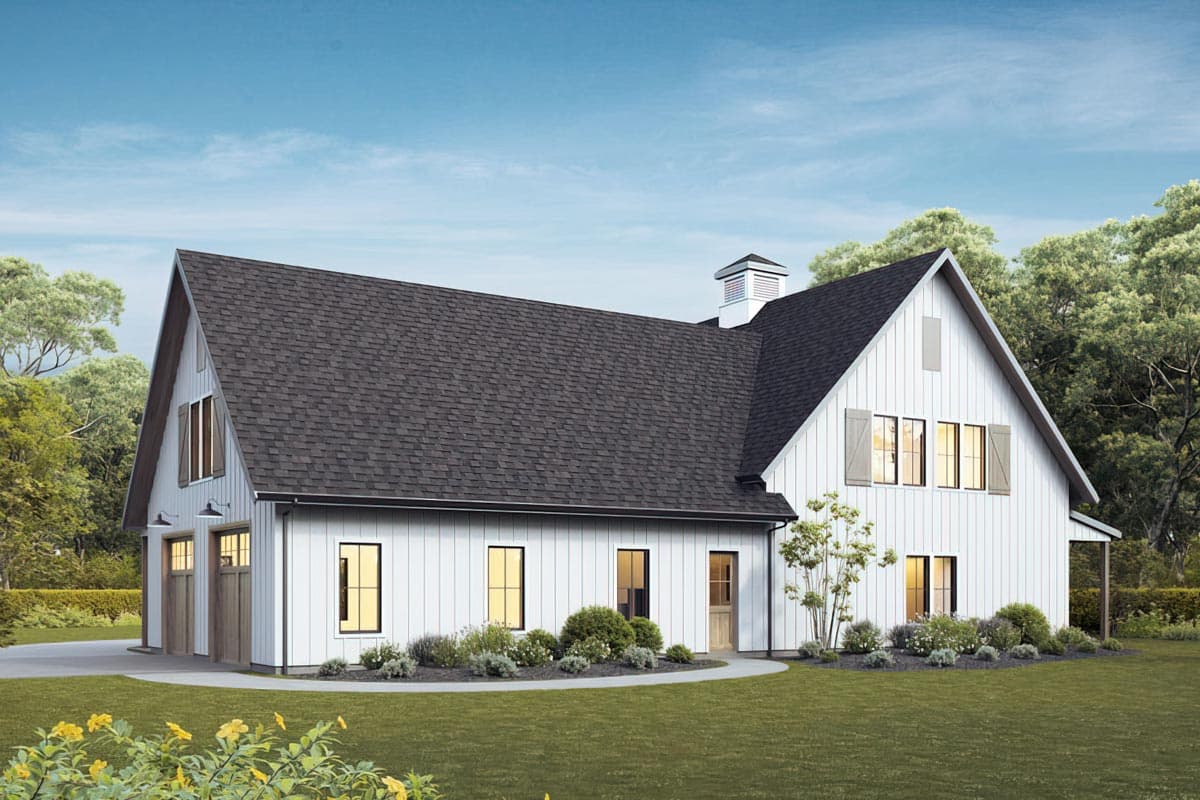 Modern Farmhouse house plan exterior with vertical siding, a gabled roof, dormers, and a side-entry garage.