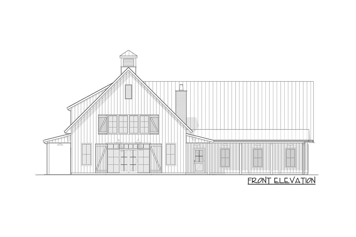 Front elevation drawing of a Modern Farmhouse style house plan, featuring a cupola, large gabled dormer, and wraparound porch.