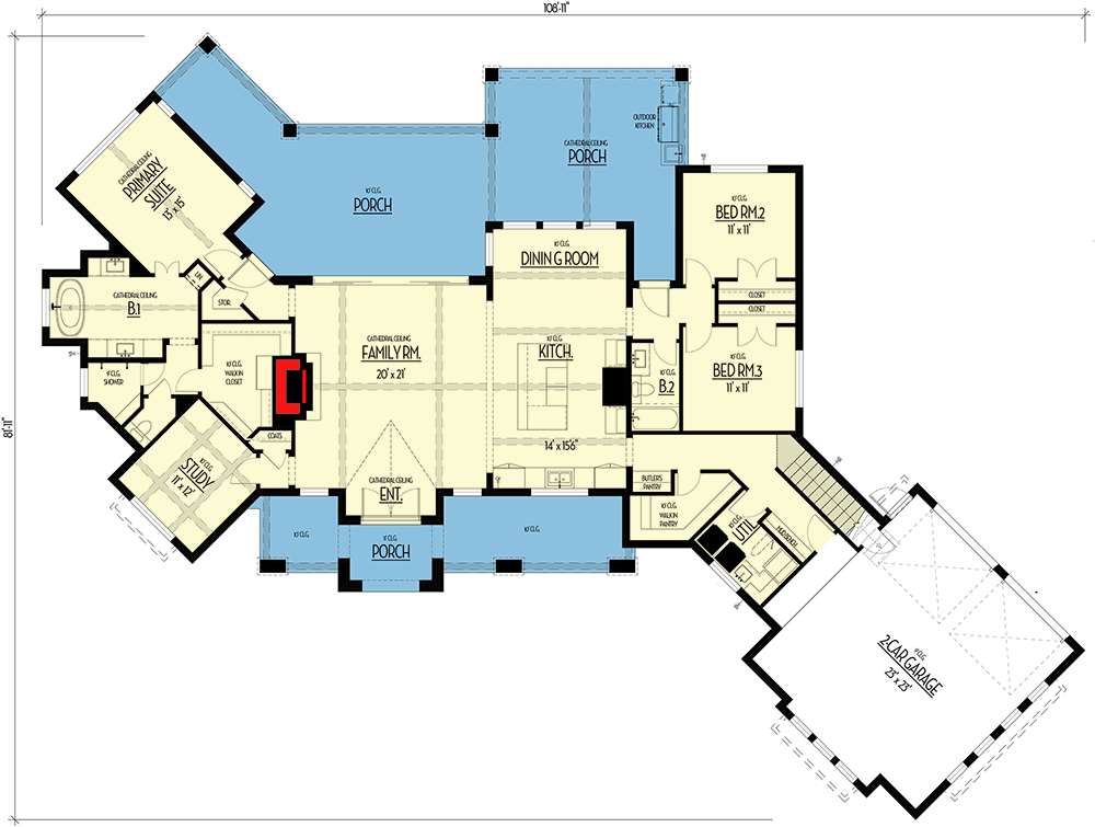 Plan 915056CHP: Exclusive Hill Country House Plan with Large Rear Porch and Bonus Room - 2522 Sq Ft - Floor Plan - Main Level - Country, Craftsman, Hill Country, Modern Farmhouse, Mountain, New American, Ranch, Transitional