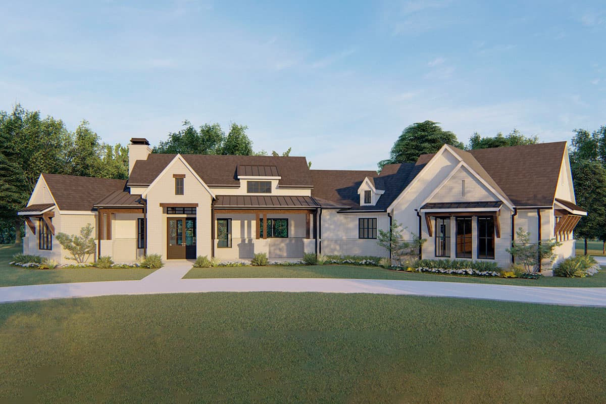 House plan exterior. Modern Farmhouse style with a single story, multiple gables, a covered porch, and various dormers.