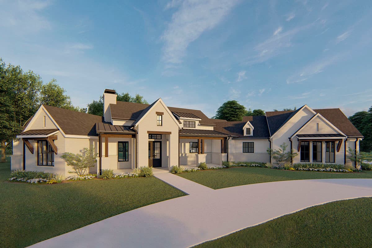 Modern Farmhouse house plan exterior with white brick, gabled rooflines, exposed wood beams, and a covered front porch.