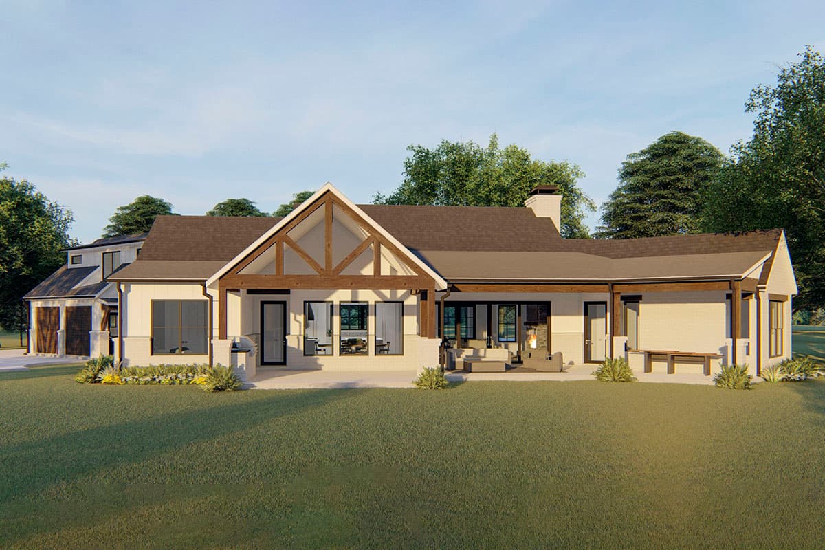 Modern Farmhouse house plan exterior with large gables, exposed beams, covered patio, and attached garage.