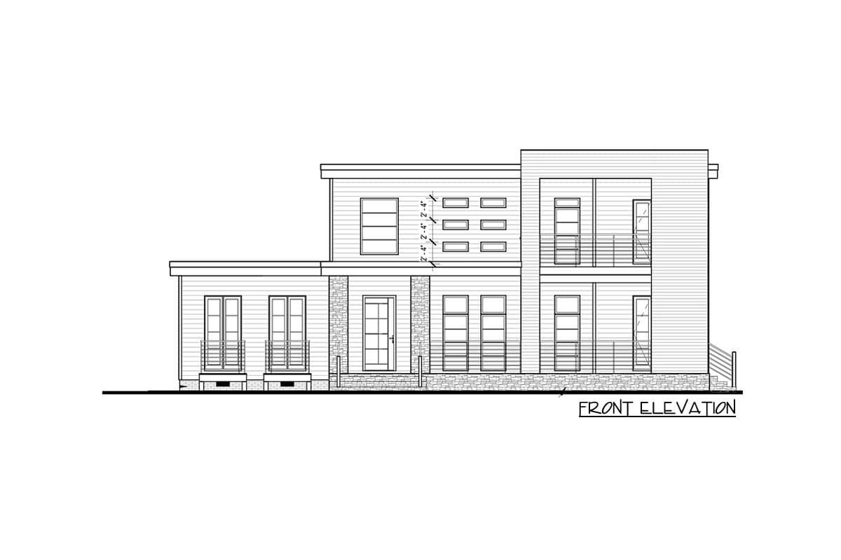 Front elevation drawing of a two-story modern house with horizontal siding, stone accents, and multiple balconies.