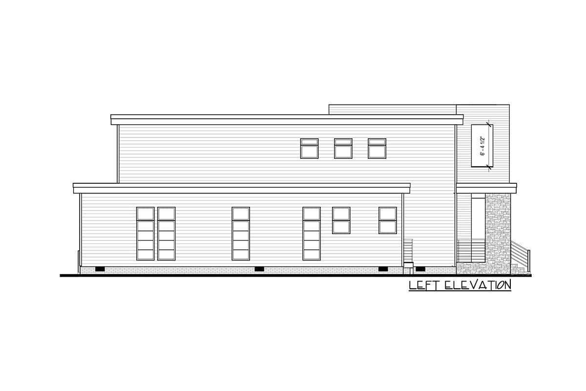 Left elevation drawing of a two-story house with horizontal siding, flat roofline, multiple windows, and stone accent.