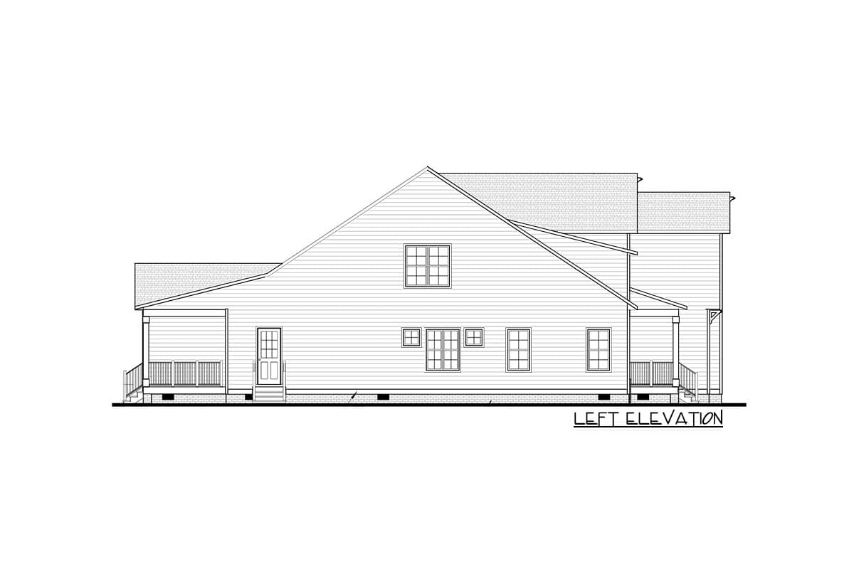 Left elevation house plan drawing with front porch, multiple windows, and a shed dormer.