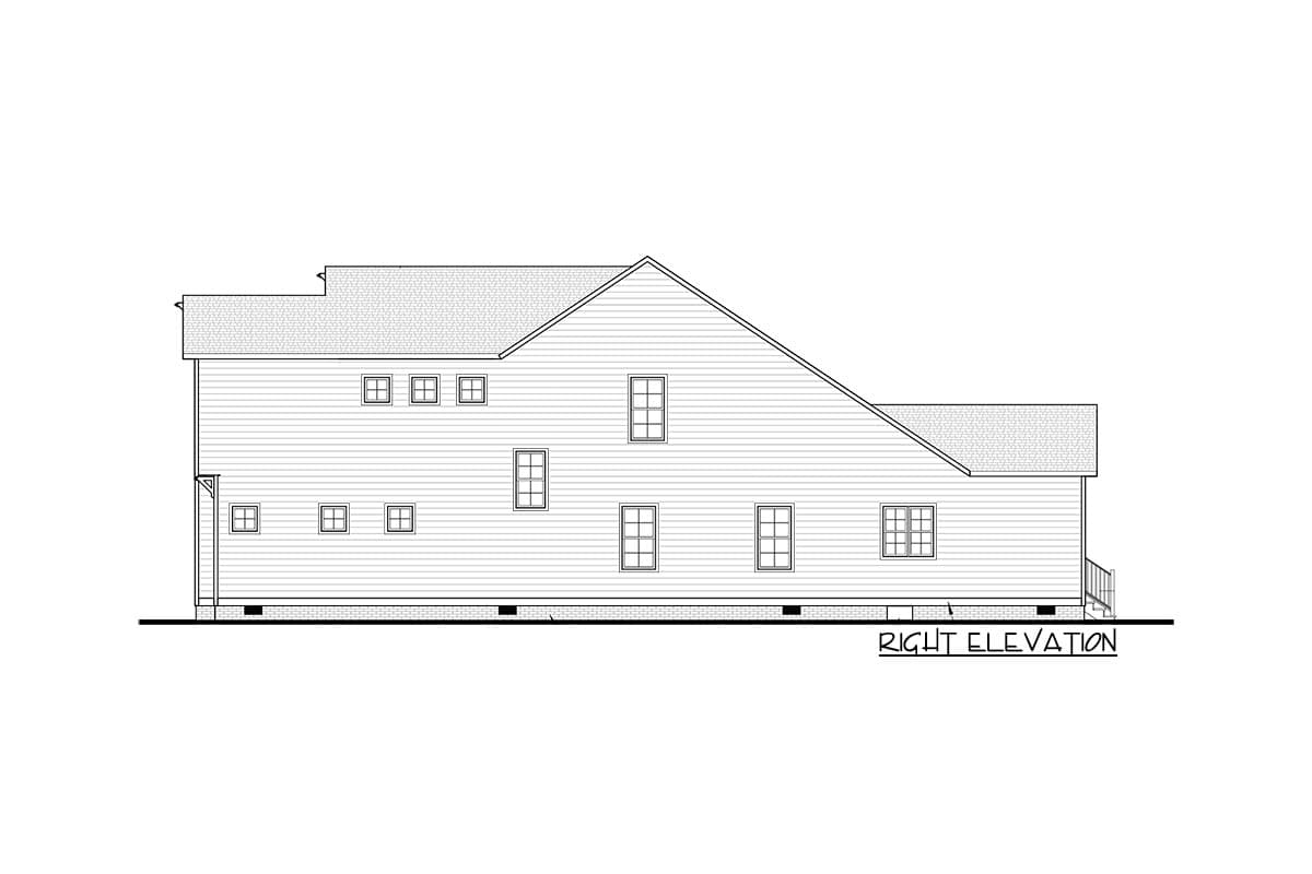 Right elevation drawing of a house plan showing a two-story structure with numerous windows and a sloped roofline.