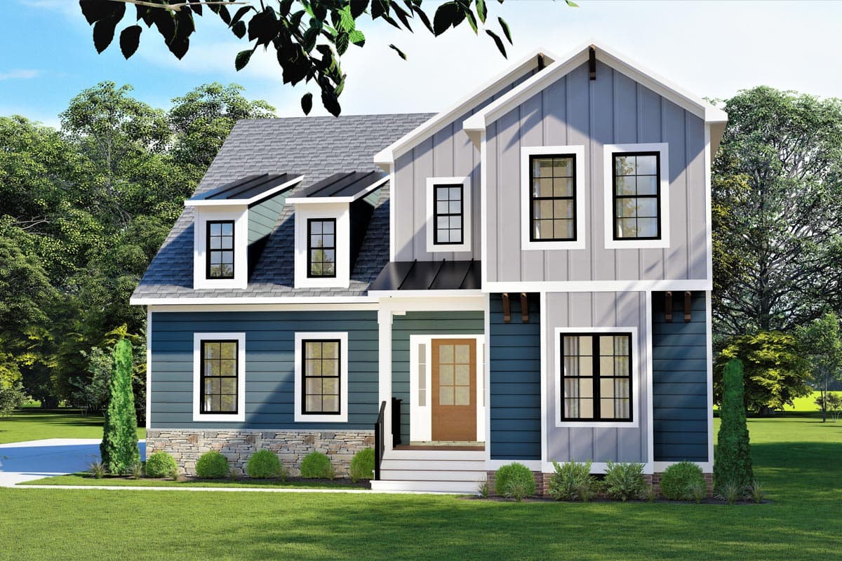 House plan exterior. Two-story Modern Farmhouse with gables, dormers, and a front porch. Stone veneer at the base and dark-framed windows.