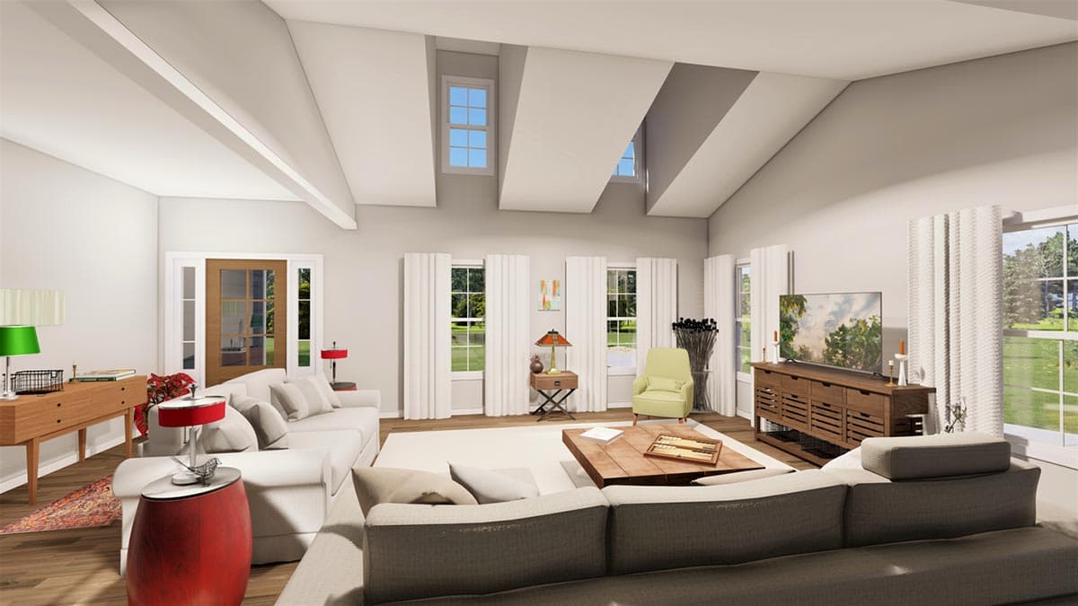 Interior rendering of great room with vaulted beamed ceiling, large windows, and open layout.