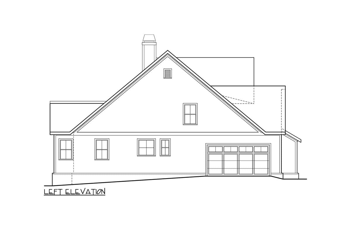 Left elevation of house plan showing a gabled roof, chimney, garage, and multiple windows.