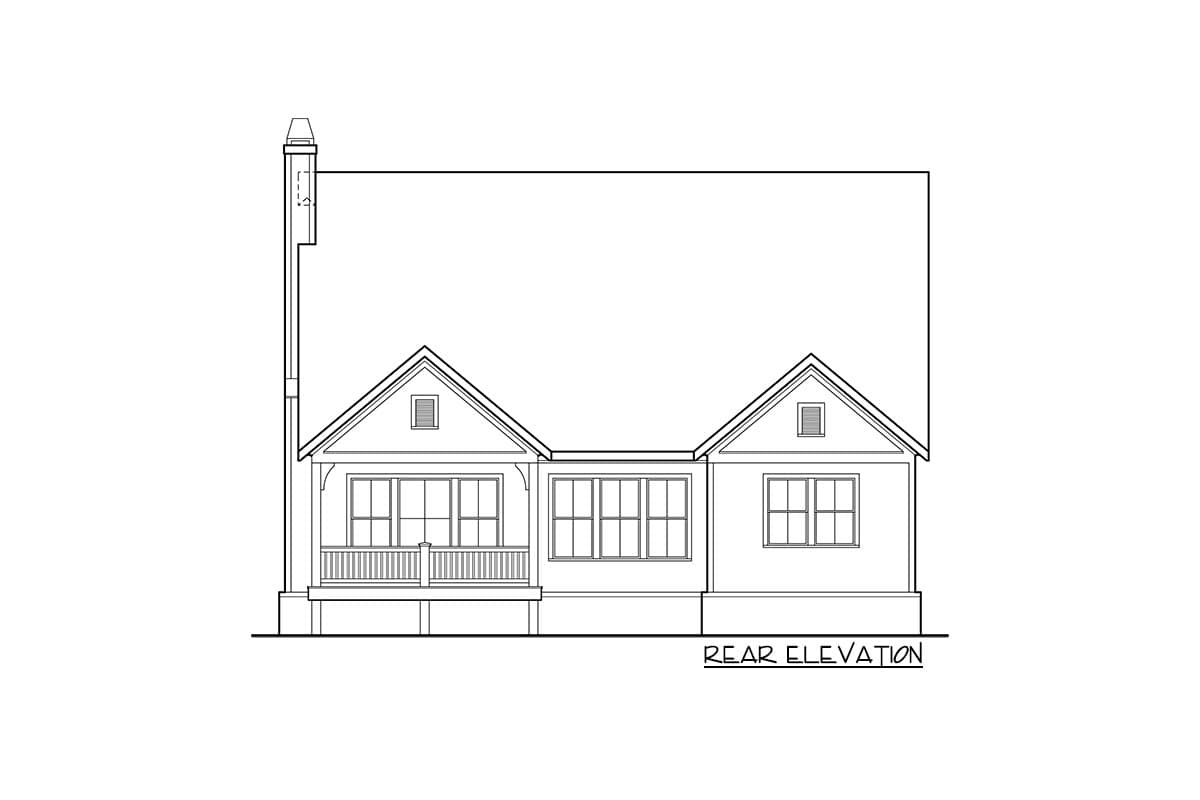 Rear elevation of a house plan showing a covered porch, multiple gables, and various window arrangements.