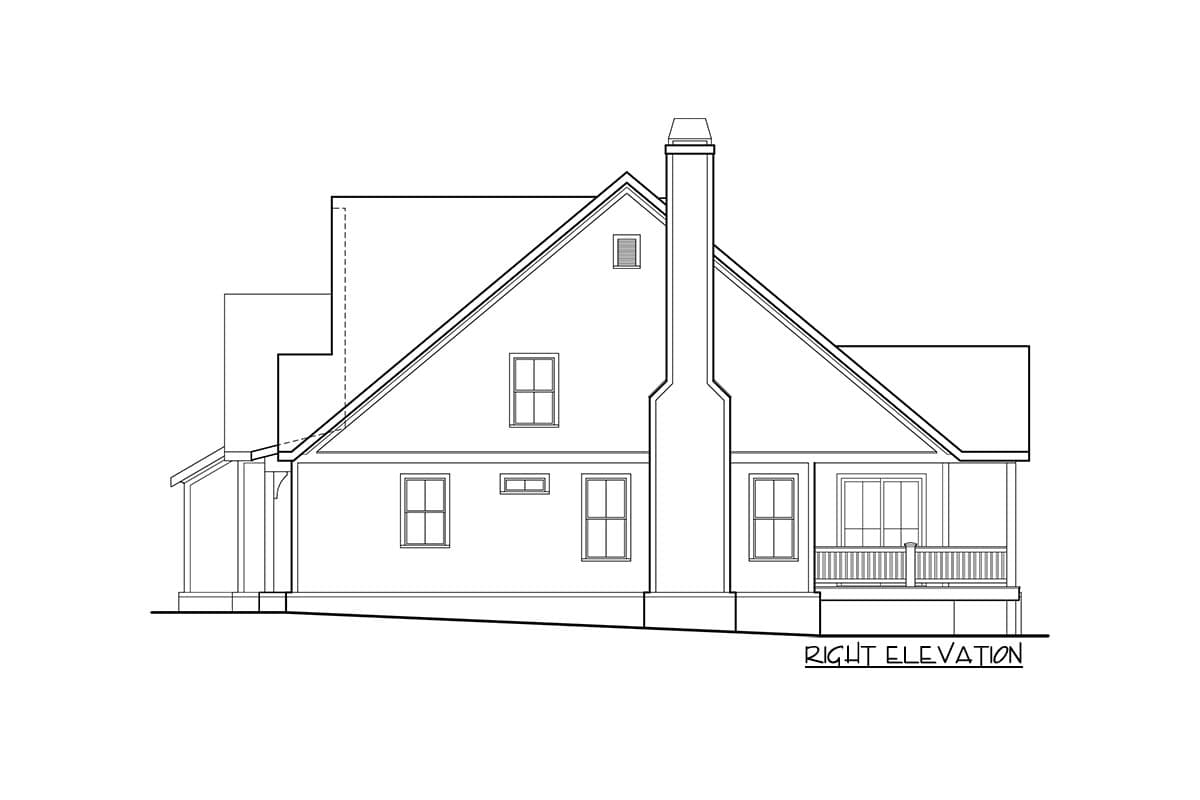 Right elevation house plan drawing shows a gabled roofline, prominent chimney, and a covered porch with railing.