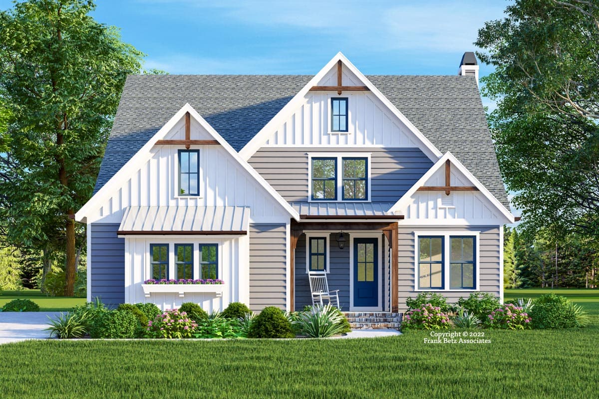 House plan exterior. Two-story Modern Farmhouse with gables, a covered porch, and a shed-style dormer. Features gray siding and white trim.