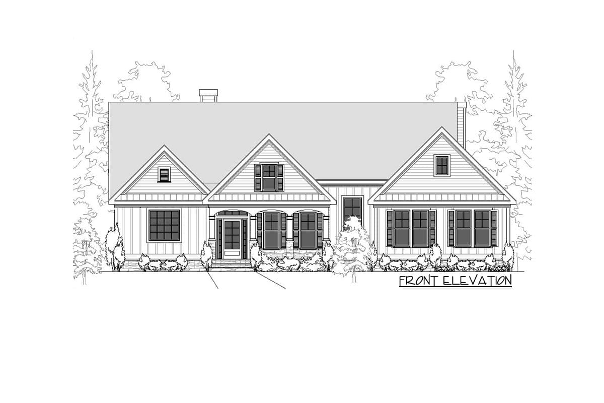Front elevation drawing of a one-story house with a covered entry porch, gables, and multiple dormers.