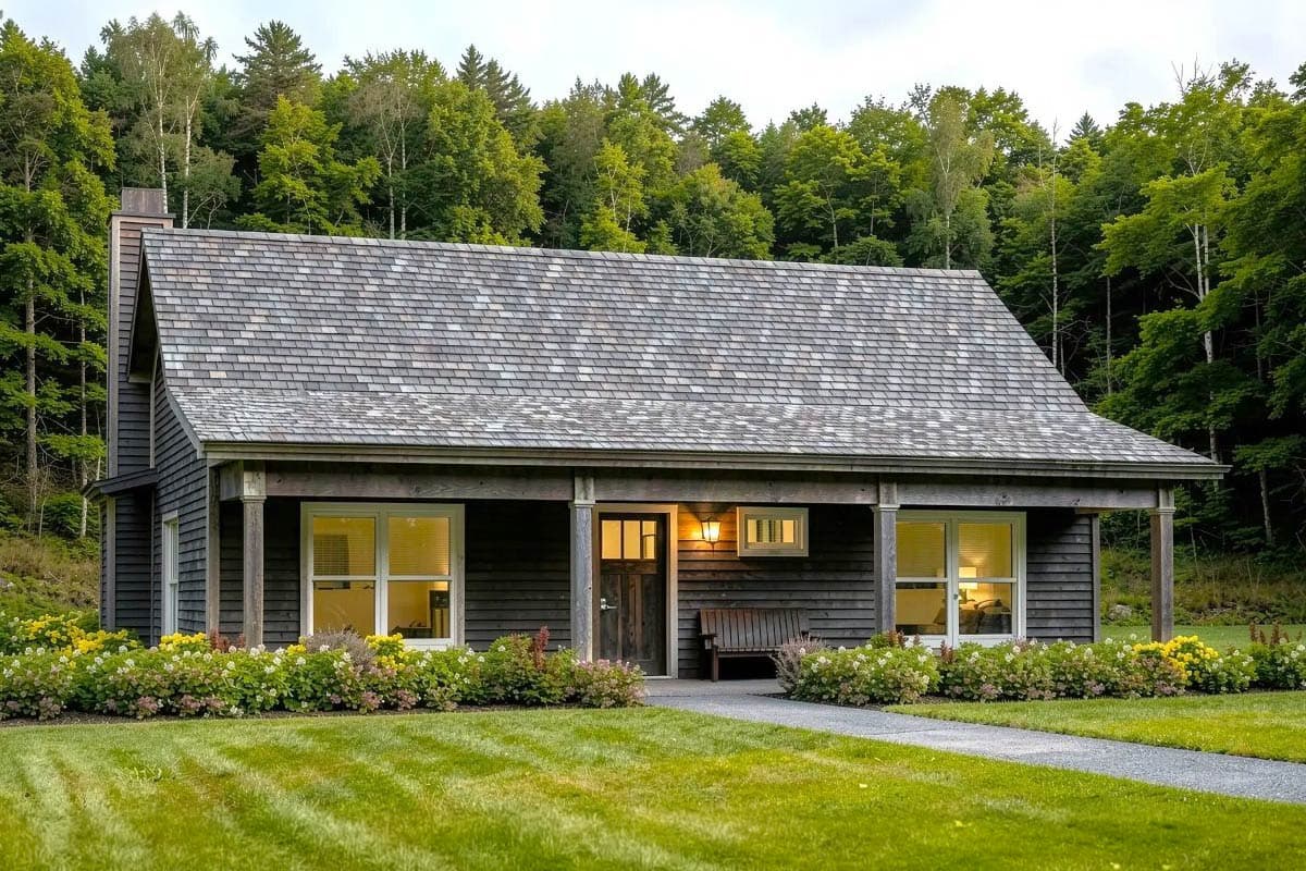 House plan exterior. One-story Cottage style home with gabled roof, front porch with columns, and prominent chimney.