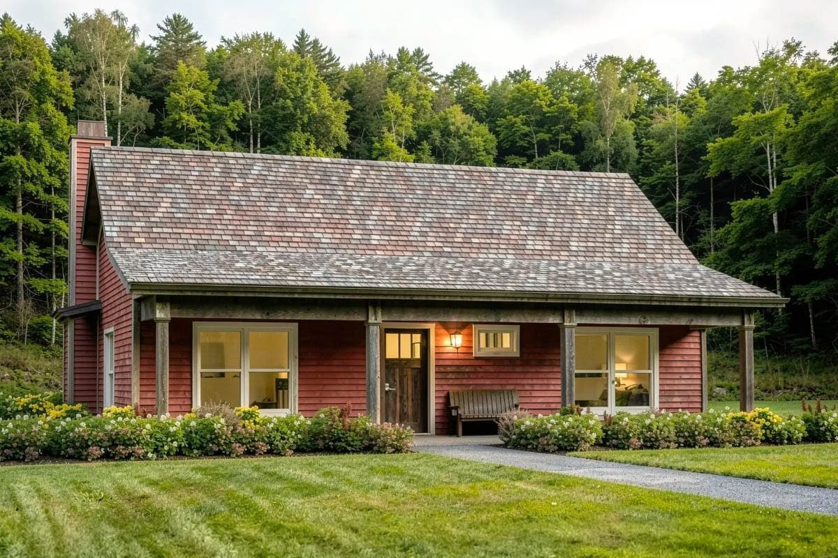 House plan exterior of a 1.5-story timber-clad home with a wide covered porch, a large stone chimney, and shingled roof.