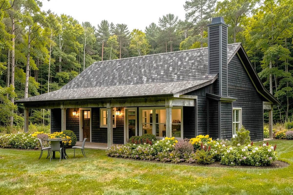 Living, dining, and kitchen area with vaulted wood ceiling, large windows overlooking yard, and an island.