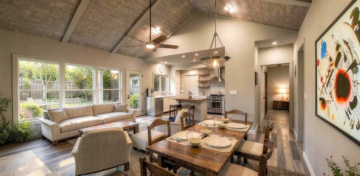 Open concept living area with vaulted ceiling, kitchen island, dining area, and living room seating.