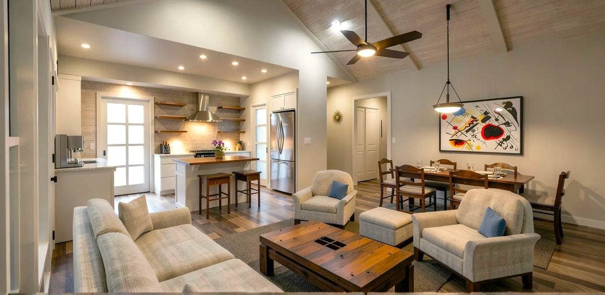 Open concept living, dining, and kitchen area with vaulted ceiling, island, and large windows overlooking outdoors.