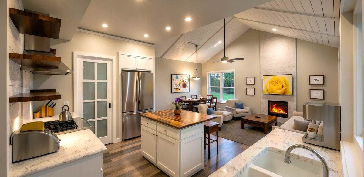 Open-concept living space with kitchen island, fireplace, vaulted ceiling, and dining area.