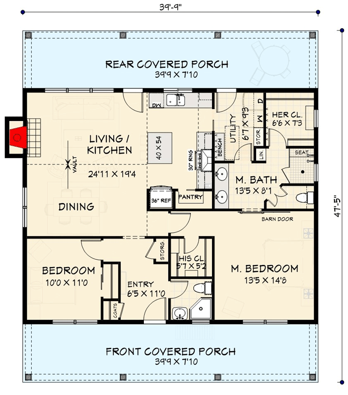 Plan 28947JJ: 2-Bed Country Cabin with Vaulted Open Floor Plan - 1275 Sq Ft - Floor Plan - Main Level - Cabin, Cottage, Country, Farmhouse, Ranch, Rustic