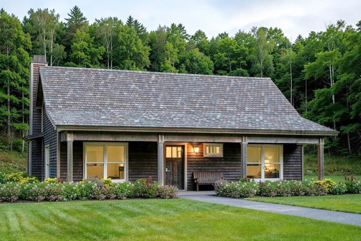 House plan exterior. One-story Cottage style home with gabled roof, front porch with columns, and prominent chimney.