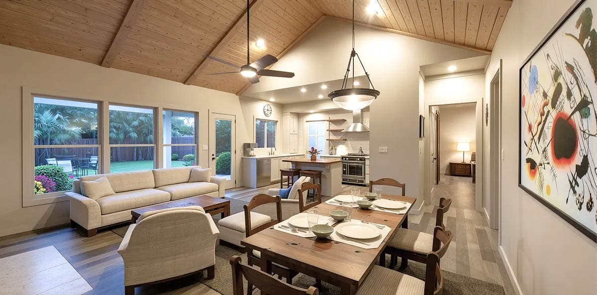 Living, dining, and kitchen area with vaulted wood ceiling, large windows overlooking yard, and an island.